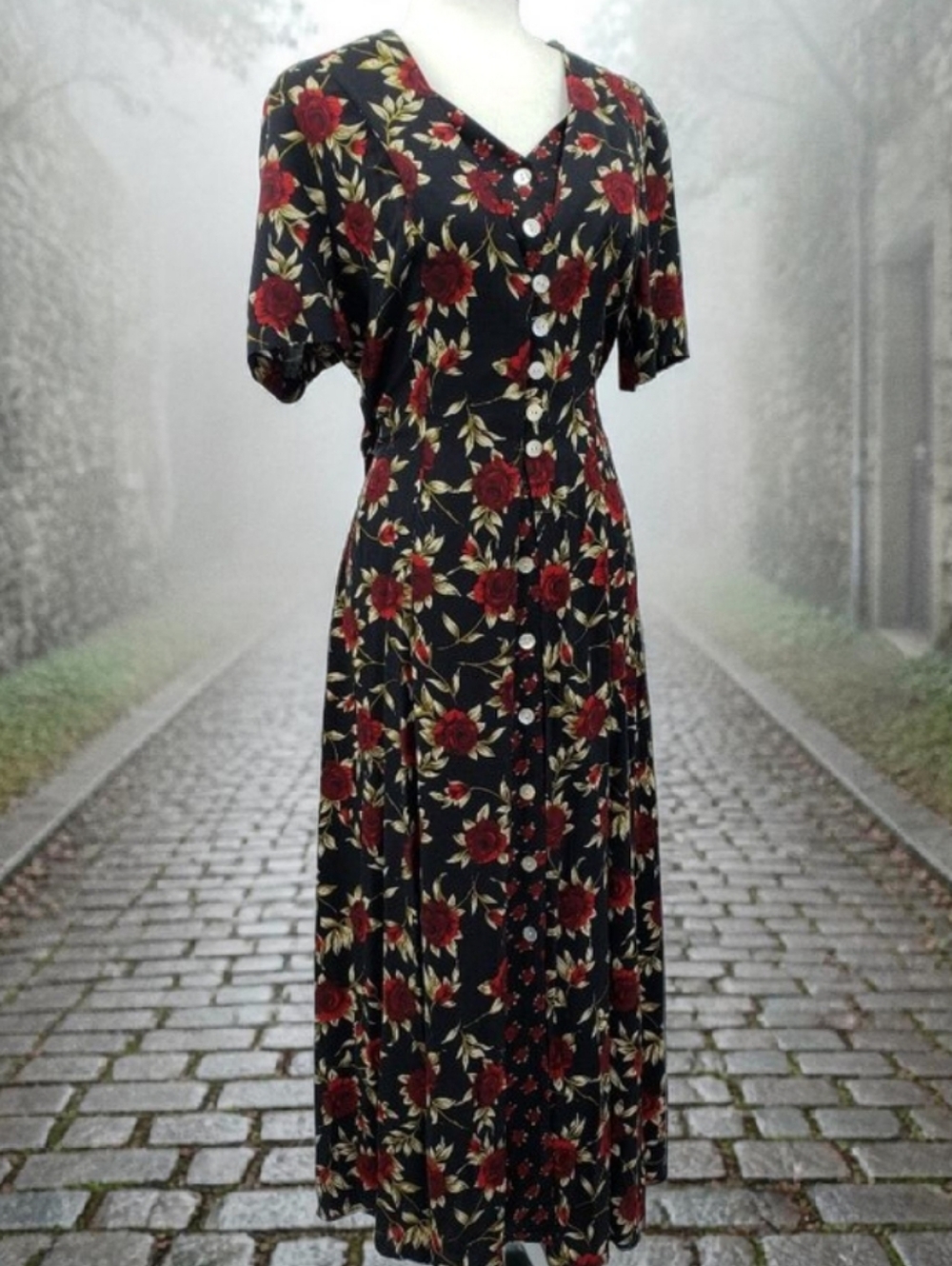 Vtg JBS Ltd Button Down Maxi Dress Sz 10 Black Floral Layered Look Romantic Boho